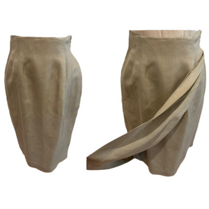 80s LINEN TAN HIGH WAISTED FORM FITTING MOCK WRAP SKIRT KNEE LENGTH MINIMALIST 4